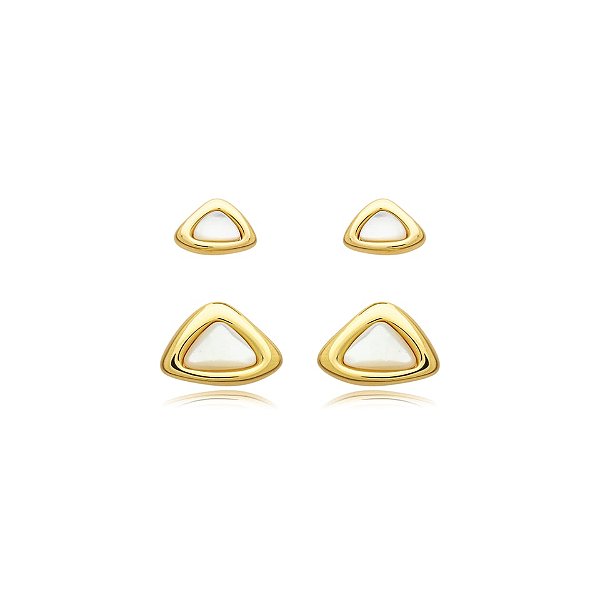 Kit 2 brincos triangulares madrepérola ouro semijoia