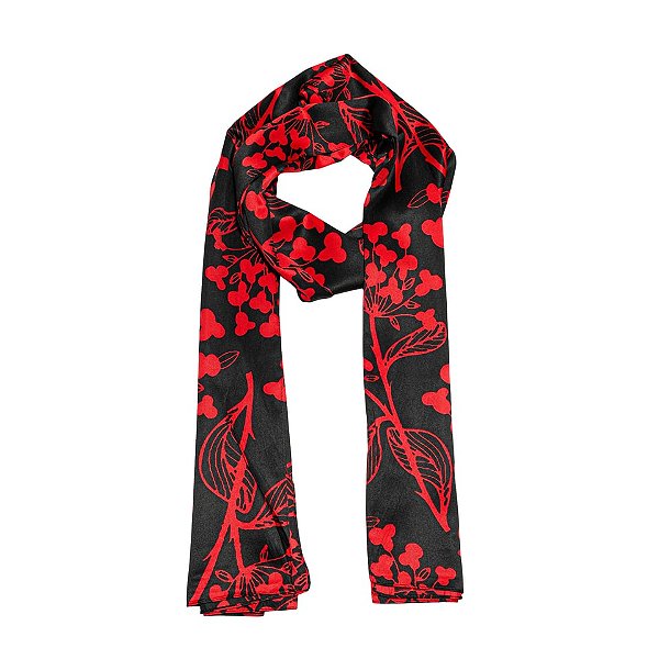 Lenço echarpe floral preto com vermelho