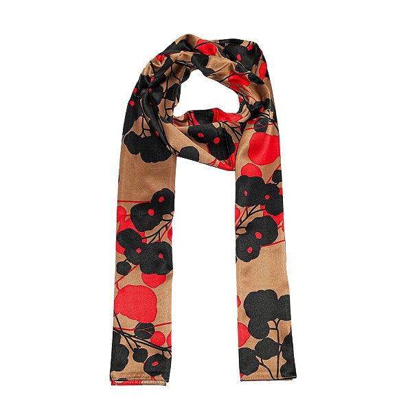 Lenço echarpe caramelo floral preto com vermelho