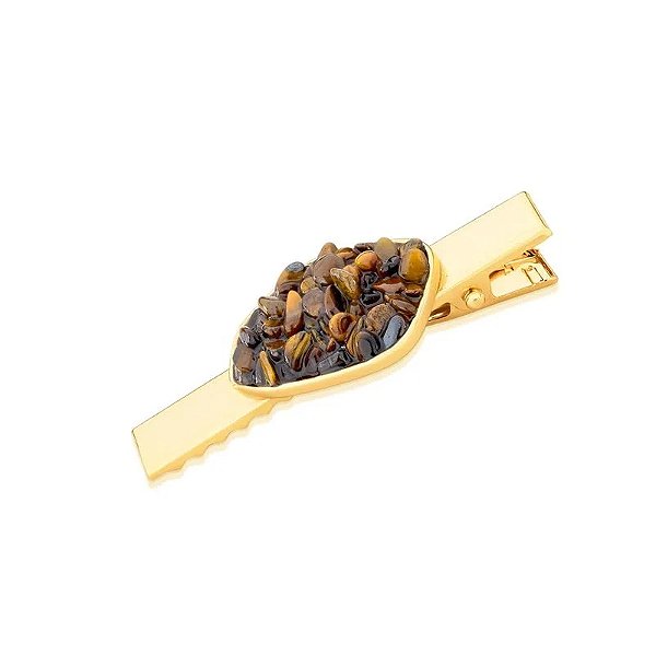 Presilha bico de pato pedra natural olho de tigre ouro semijoia