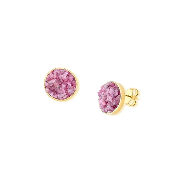 Brinco redondo pedra natural rodonita rosa ouro semijoia