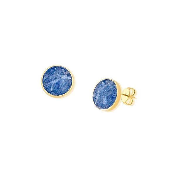 Brinco redondo pedra natural cianita azul ouro semijoia