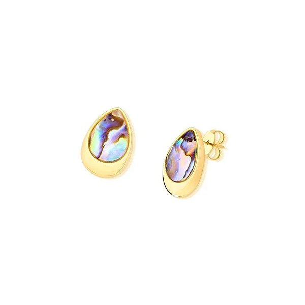 Brinco gota pedra natural abalone ouro semijoia