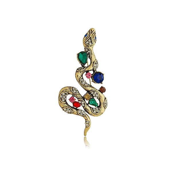 Broche serpente cristais ouro semijoia