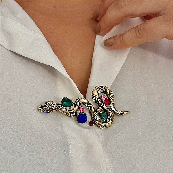 Broche serpente cristais ouro semijoia