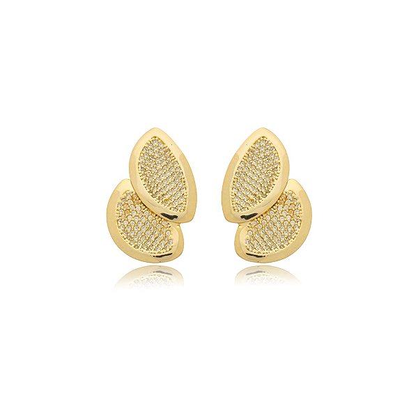 Brinco folhas zircônia ouro semijoia BA 7132