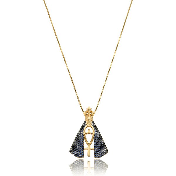 Colar Nossa Senhora Aparecida zircônia azul ouro semijoia XL 1918