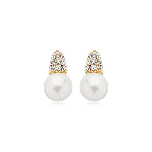 Brinco pérola zircônia ouro semijoia 24k05045