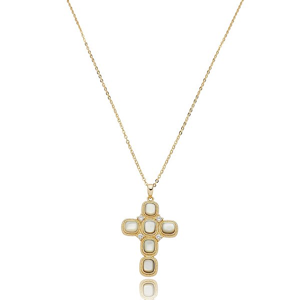 Colar Elaine Palma crucifixo madrepérola zircônia ouro semijoia