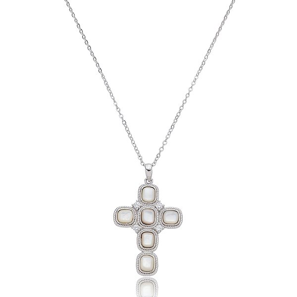 Colar Elaine Palma crucifixo madrepérola zircônia ródio semijoia