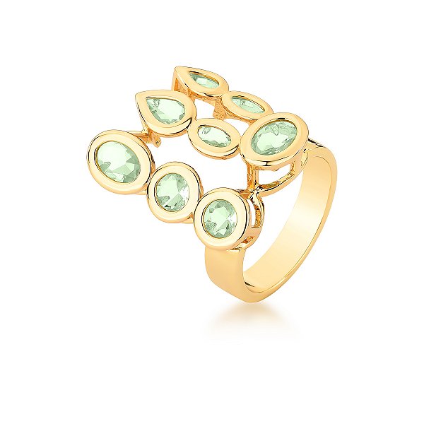 Anel cristais verde claro ouro semijoia