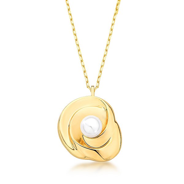 Colar pingente oval pérola shell ouro semijoia
