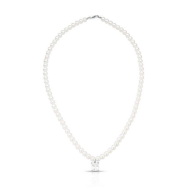 Colar pérola shell retangular cristal ródio semijoia
