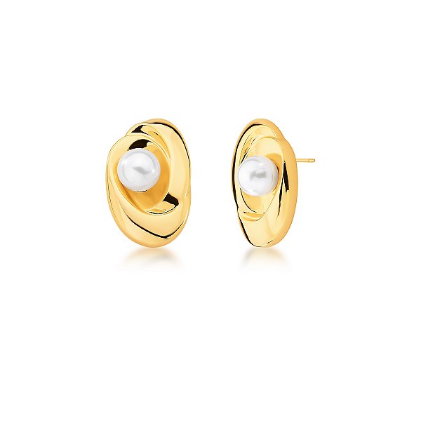 Brinco oval pérola shell ouro semijoia