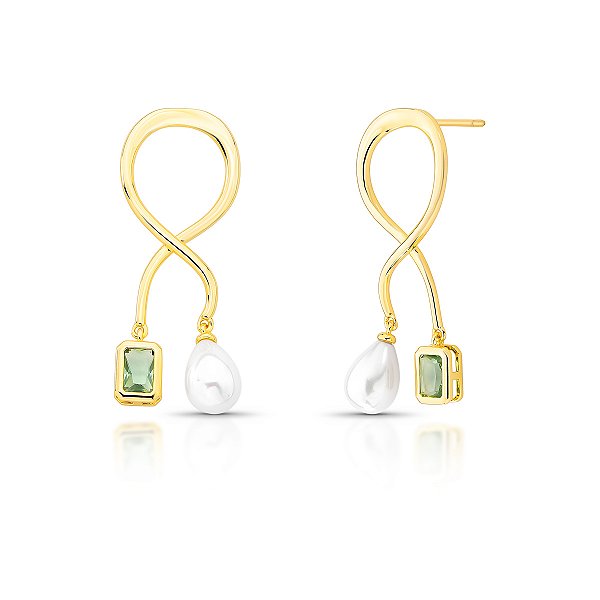 Brinco pêndulo pérola barroca cristal verde claro ouro semijoia