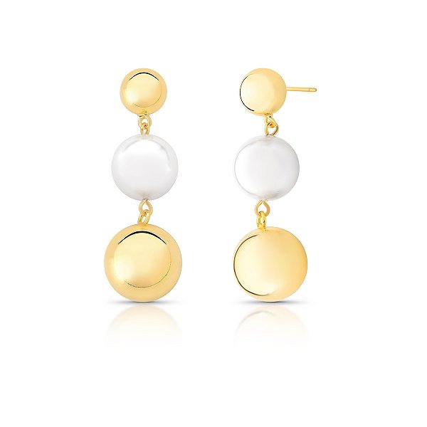 Brinco pêndulo pérola shell esfera ouro semijoia