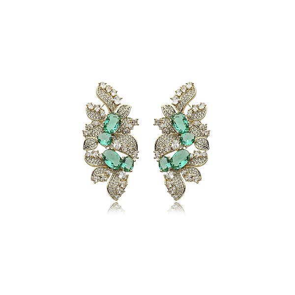 Brinco folhas zircônia verde ouro semijoia