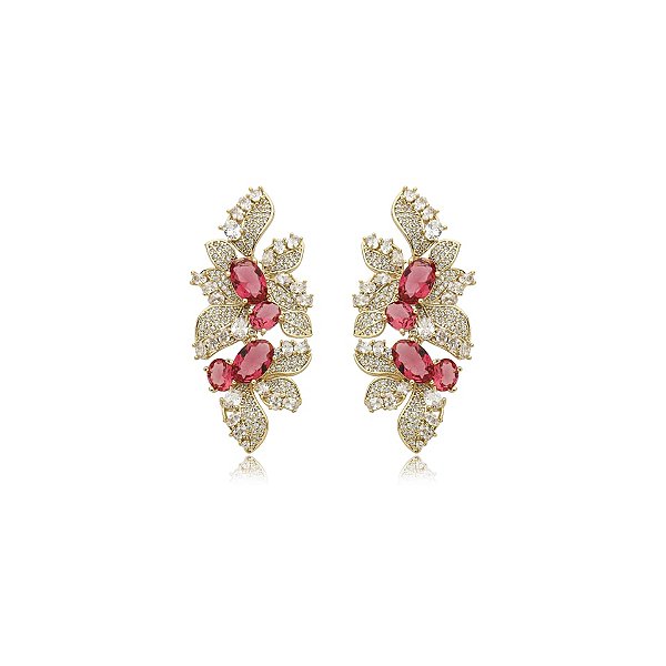 Brinco folhas zircônia pink ouro semijoia