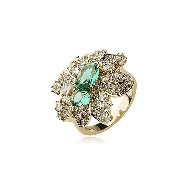 Anel folhas zircônia verde ouro semijoia