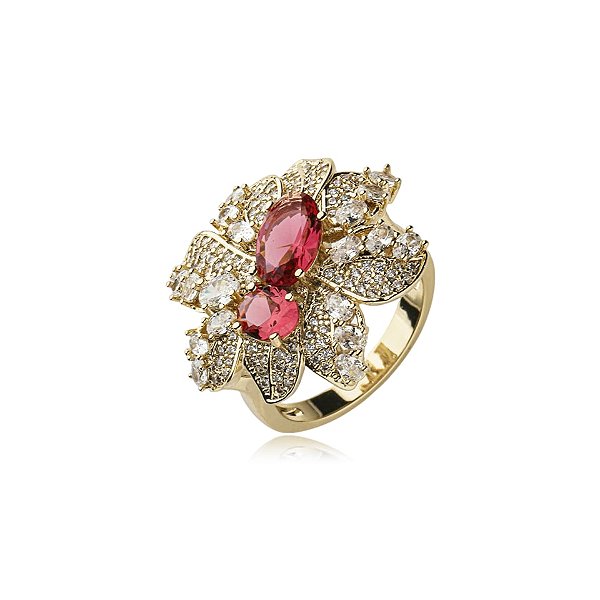 Anel folhas zircônia pink ouro semijoia