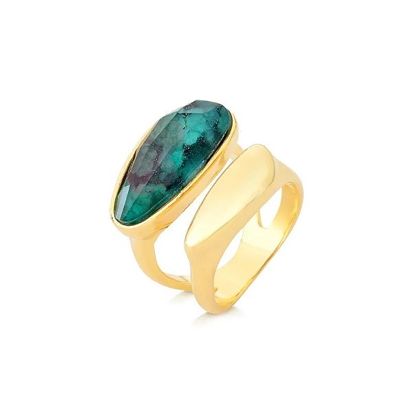 Anel duplo pedra natural esmeralda ouro semijoia