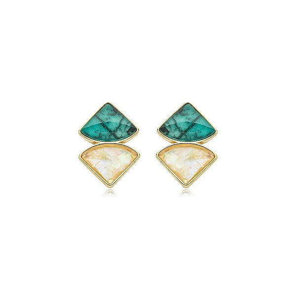 Brinco geométrico pedras naturais esmeralda e nautilus ouro semijoia