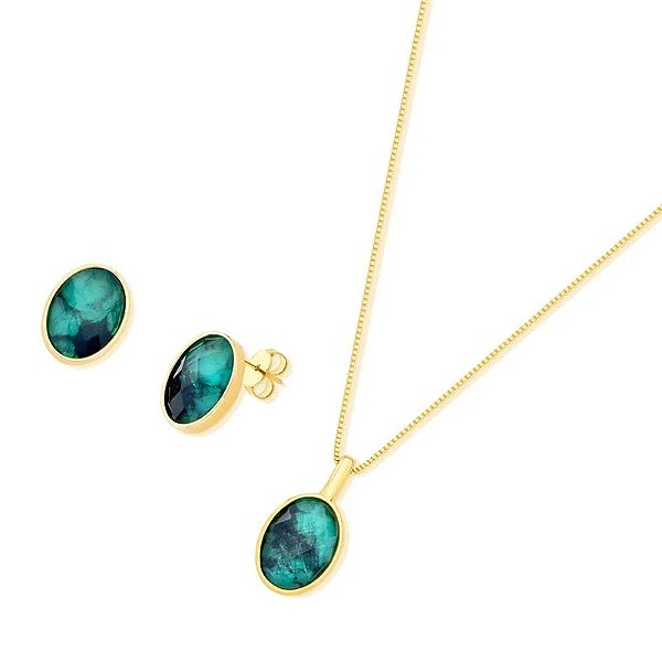 Colar e brinco oval pedra natural esmeralda ouro semijoia