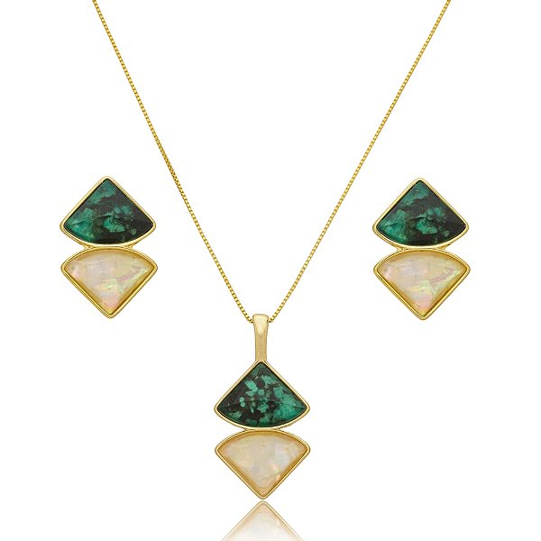 Colar e brinco geométrico pedras naturais esmeralda e nautilus ouro semijoia