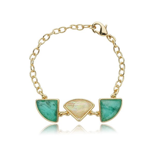 Pulseira geométrica pedras naturais esmeralda e nautilus ouro semijoia