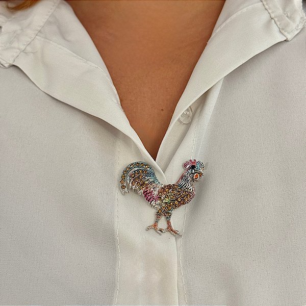 Broche galinha cristais topázio ródio semijoia