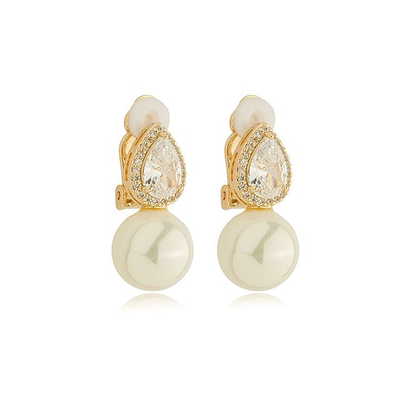 Brinco pressão gota pérola zircônia ouro semijoia 24k16005