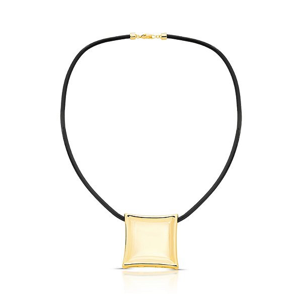 Colar couro quadrado metal ouro semijoia