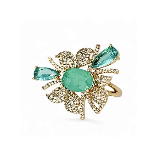 Anel folhas cristal turmalina zircônia ouro semijoia