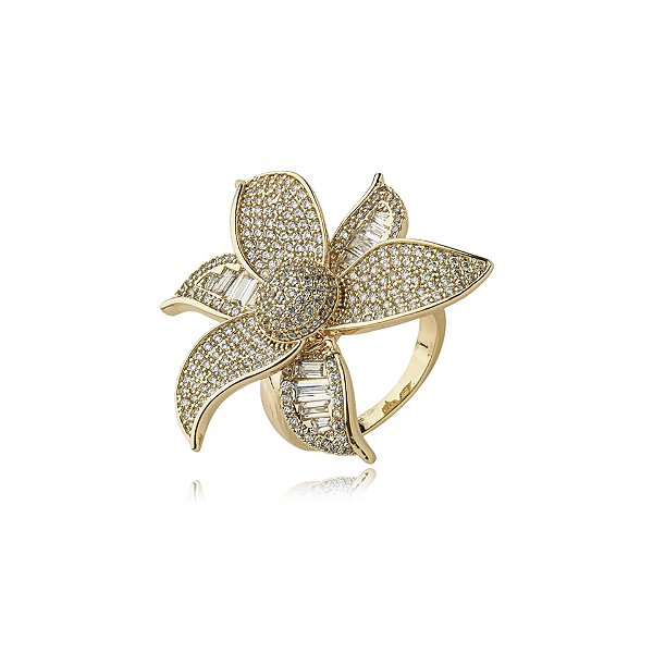 Anel flor zircônia ouro semijoia