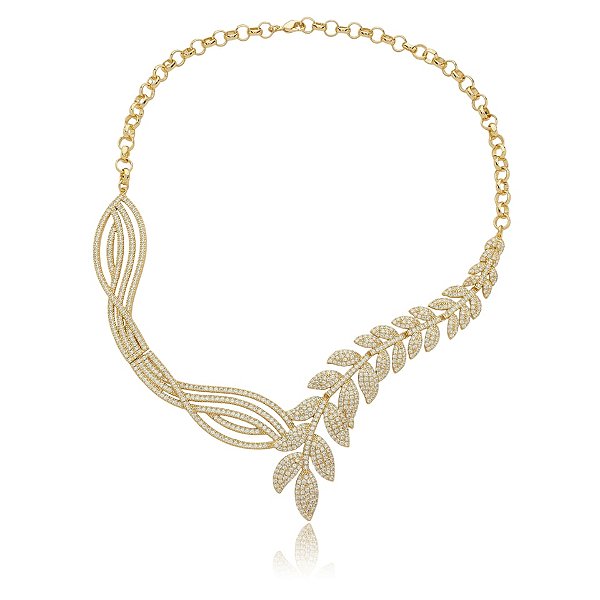 Colar folhas zircônia ouro semijoia