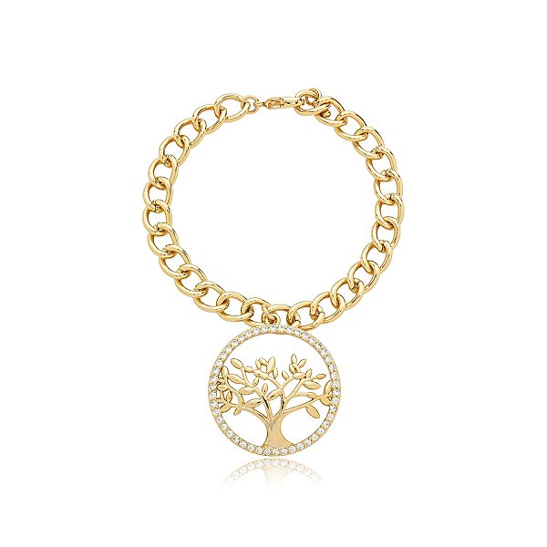 Pulseira árvore da vida zircônia ouro semijoia PU 1174