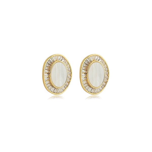 Brinco pressão oval olho de gato zircônia ouro semijoia BA 7663