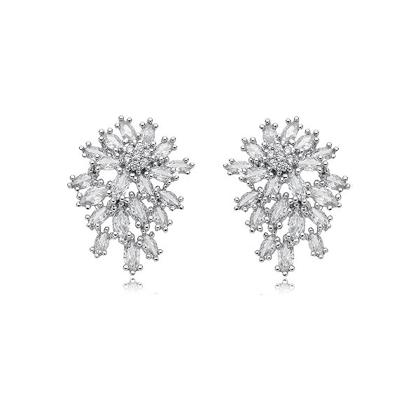 Brinco flor zircônia ródio semijoia 22411