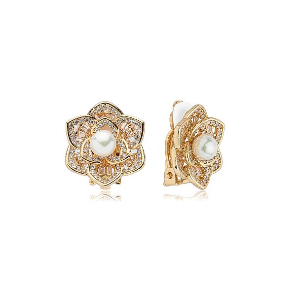 Brinco pressão flor pérola zircônia ouro 24k17004