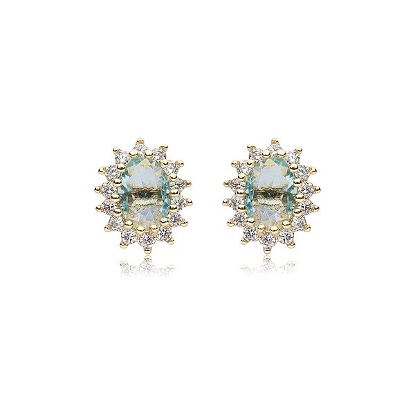 Brinco oval zircônia azul claro ouro semijoia