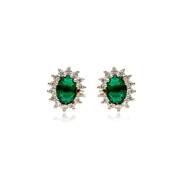 Brinco oval zircônia verde esmeralda ouro semijoia