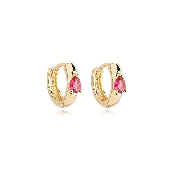 Brinco argolinha zircônia gota pink ouro semijoia 23a04023