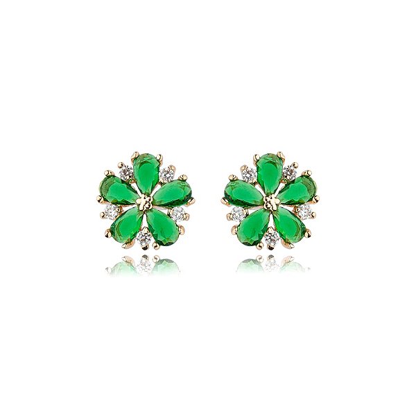 Brinco flor zircônia verde esmeralda ouro semijoia 17k04025