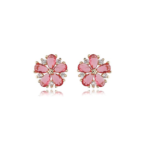 Brinco flor zircônia pink ouro semijoia 17k04025