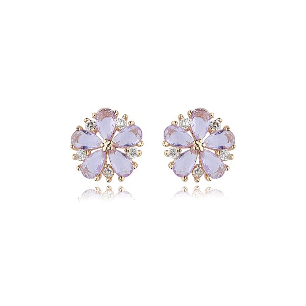 Brinco flor zircônia lilás ouro semijoia 17k04025