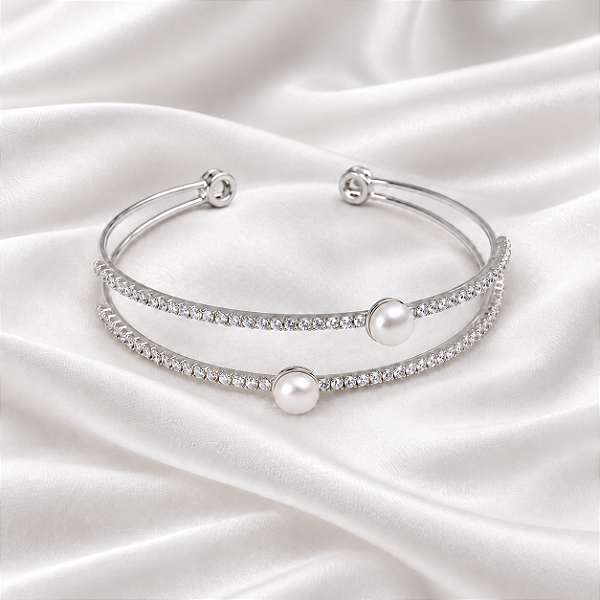 Bracelete Aro Duplo Pérola Zircônia Ródio Semijoia 24k19065