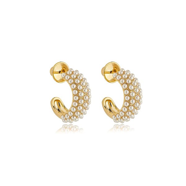 Brinco meia argola mini pérolas ouro semijoia BA 7533