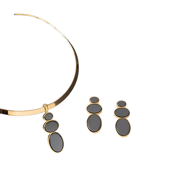 Colar e brinco oval pedra natural hematita ouro semijoia