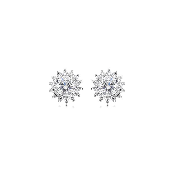 Brinco Elaine Palma flor solaris moissanite prata 925 6 mm
