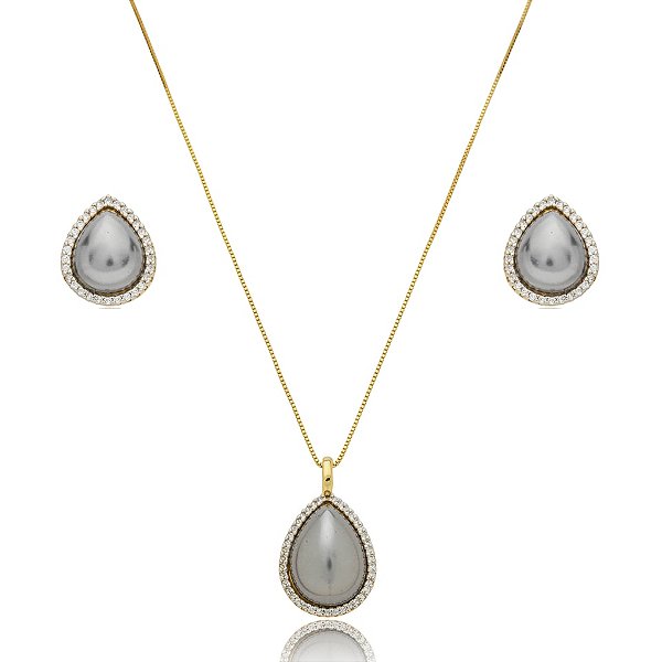 Colar e brinco gota pérola shell grafite zircônia ouro semijoia